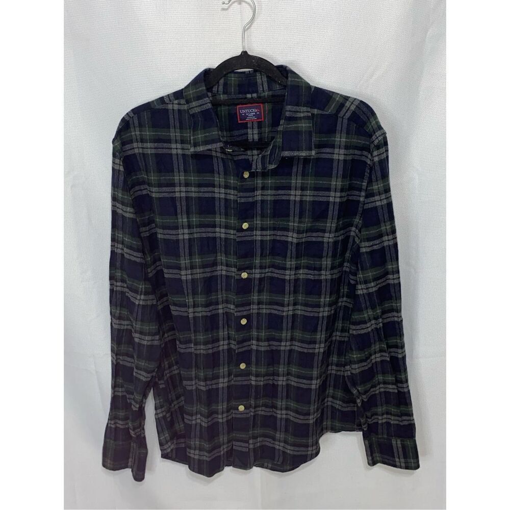 Untuckit Men's Navy Green Plaid Cotton Button-Down Shirt Size XL